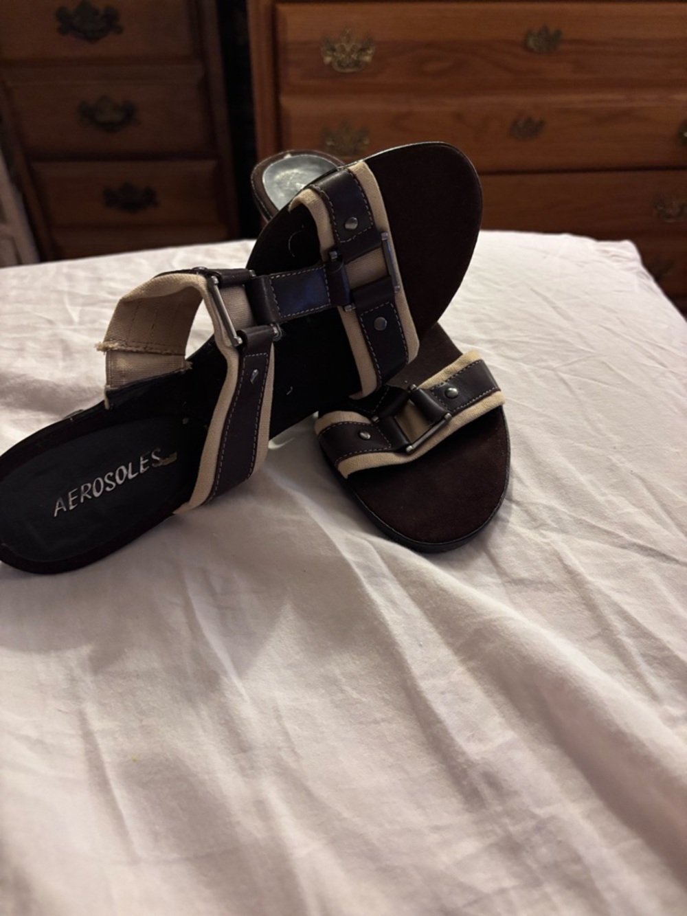 AEROSOLES Brown and Beige Buckle Slide Sandals